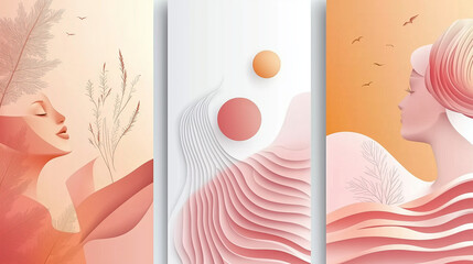 Set of abstract pastel paper cut backgrounds with space for text and color waves in different colors. Vector illustration design template, with a white, blue, pink, and light gray background.