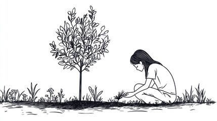 Fototapeta premium Girl planting a tree in a garden. Possible use Children's book illustration