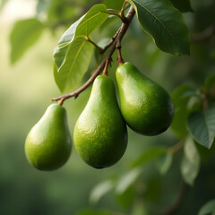 avocado fruits hanging on a tree branch with speckled textured skin, butter fruit, natural imperfections, realistic organic detail, tropical farm scene, fresh healthy produce