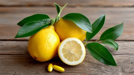Lemon is sitting on a wooden table with a leafy green stem. There are two lemons on the table, one of which is cut in half. A bottle of vitamin C pills is also on the table