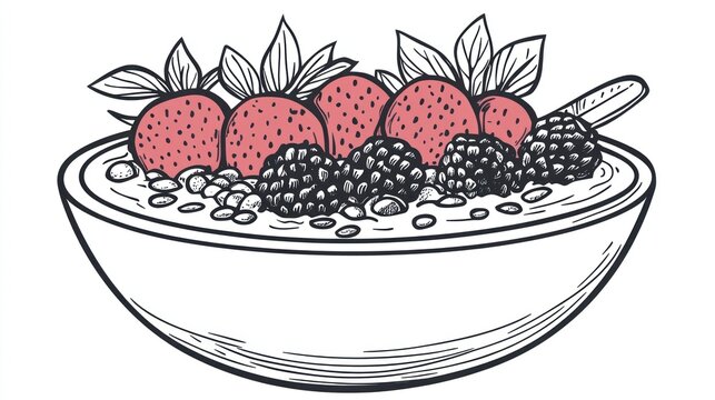 bowl of oatmeal with berries, black and white clip art preview