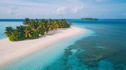 serene tropical beach with soft white sand and lush palm trees, surrounded by clear turquoise waters and distant island, evokes sense of tranquility and paradise
