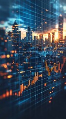 Cityscape overlaid with financial data