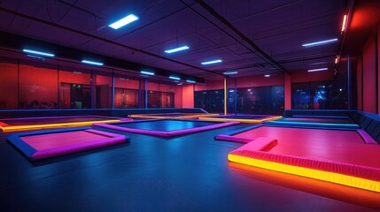 Vibrant indoor trampoline park.  Multicolored trampolines lit with neon lights, creating a dynamic and exciting space