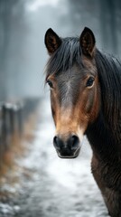 Obraz premium Majestic brown horse standing close to the camera on a misty winter morning in a tranquil forest