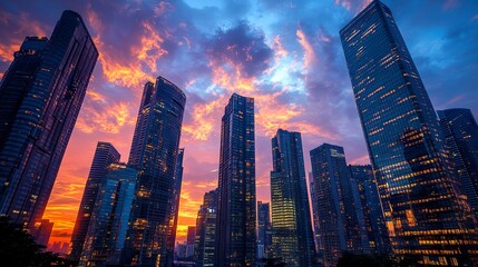 Obraz premium The sun sets behind towering skyscrapers, painting the sky with warm colors as the city below transitions into evening; low-angle perspective, glowing light, tranquil ambiance. 