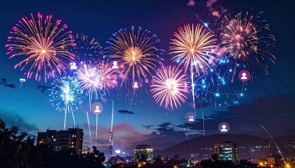 Vibrant Fireworks Display Over Cityscape at Night Celebrating Connections