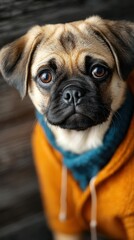 Obraz premium Cute pug puppy wearing an orange hoodie poses in front of a wooden background during a calm indoor moment