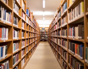 Library with many shelves and books, diminishing perspective and shallow doff