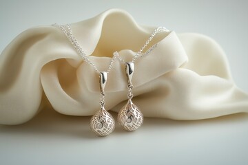 Elegant silver filigree pendant necklaces on silk fabric.