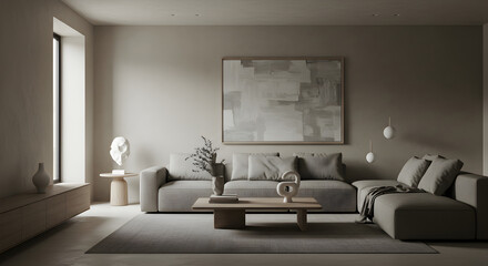 Elegant Interior Design With Cozy Sofa And Abstract Painting In Neutral Tones