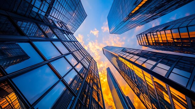 Towering skyscrapers dominate the view as twilight settles, their illuminated surfaces reflecting the last light of day, creating a captivating urban panorama 