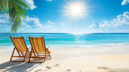Two beach chairs under bright sun, surrounded by serene ocean waves and soft sand, create perfect tropical getaway atmosphere
