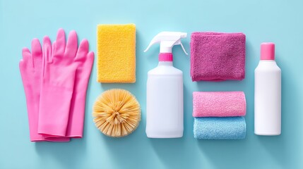 Variety of cleaning supplies are displayed on a blue surface. The items include a bottle of spray, a sponge, and a pair of gloves. Concept of organization and cleanliness