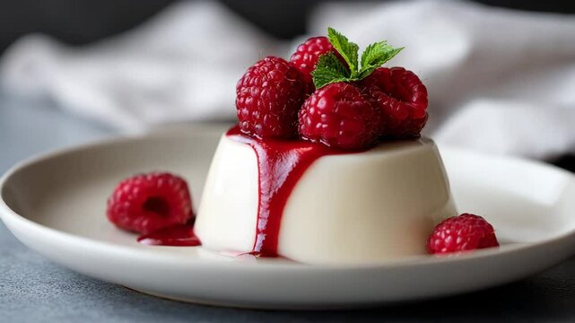 A beautifully plated panna cotta drizzled with raspberry sauce and topped with fresh raspberries, exemplifying a luxurious dessert that offers a balance of creamy and fruity flavors.