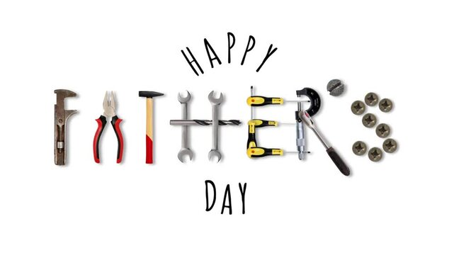 Happy fathers day greeting card with animated tool appearing randomly on white background. Fathers day footage animation 4k.