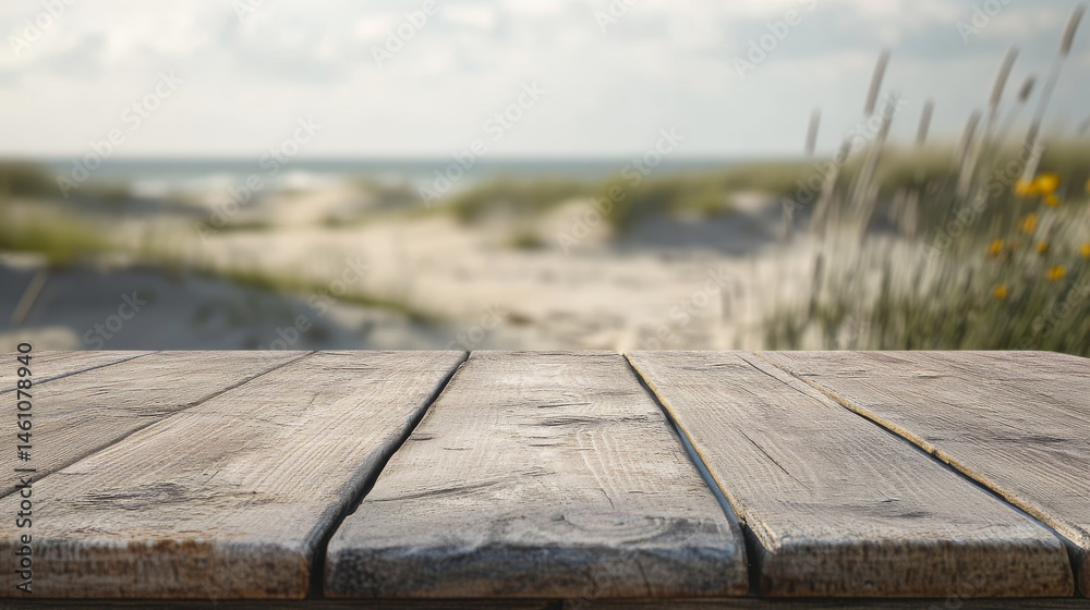 Wall mural rustic wooden table stands ready for product display, set against serene beach backdrop with soft sa