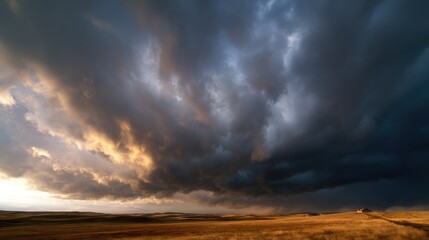 Storm clouds loom over prairie as golden light pierces through, nature's dramatic contrast unfolds