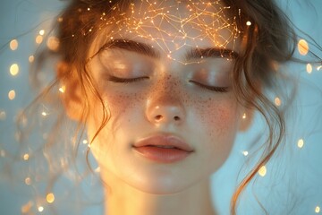 Young woman in a meditative pose with neural connections glowing around her head representing mindfulness inner peace and the power of meditation on the brains health,



