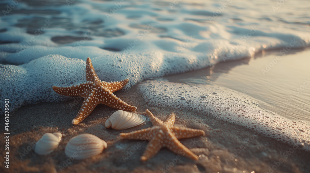 Wall mural starfish and seashells on sandy beach with gentle waves create serene coastal scene. soft foam of oc