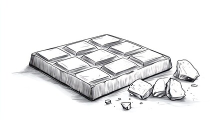 Hand-drawn illustration of a chocolate bar with pieces broken off. Possible use food illustration, educational material