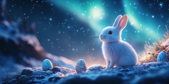Soft white rabbit sitting among colorful eggs under a starry sky with auroras in a winter landscape