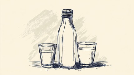 Hand-drawn milk bottle and glasses on a light background. Illustration for food and drink or healthy living concept