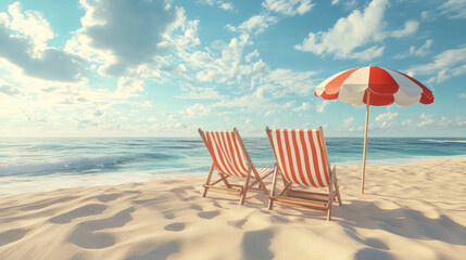 Obraz premium Relaxing beach scene with deck chairs and striped umbrella, perfect for sunny day by ocean. gentle waves and soft sand create serene atmosphere