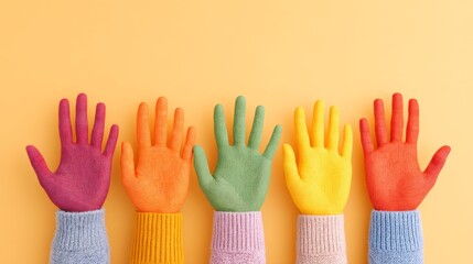 Group of people's hands are raised in a rainbow pattern. Concept of unity and togetherness, as the hands are all raised in the same direction