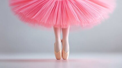 Girl in a pink tutu is standing with her legs apart. The tutu is pink and has a lot of volume