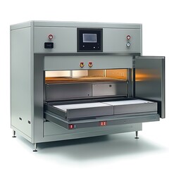 Industrial oven with open door, and trays.