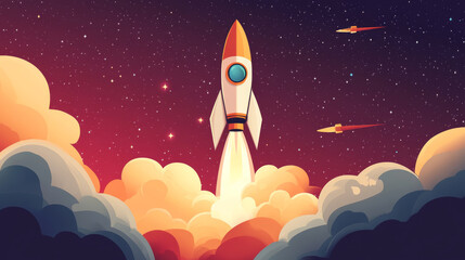 space rocket launches into cosmos, surrounded by colorful clouds and stars, evoking sense of adventure and exploration. scene captures excitement of space travel