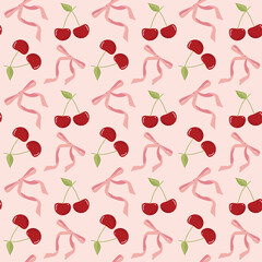 Coquette Cherries bow seamless pattern Retro vibrant illustration.