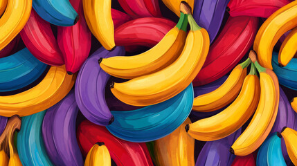 banana patterns create lively and colorful seamless background, showcasing variety of bananas in shades of yellow, red, purple, and blue, evoking cheerful atmosphere
