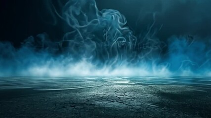 Mystical landscape with cracked ground and swirling blue mist, creating ethereal atmosphere filled with fog and mystery, evoking sense of intrigue and tranquility.
