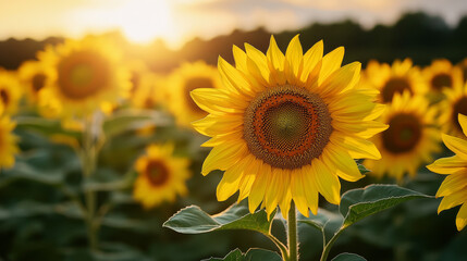 Fototapeta premium sunflower stands tall in summer field, basking in warm sunlight, surrounded by sea of blooming sunflowers, creating cheerful and uplifting atmosphere