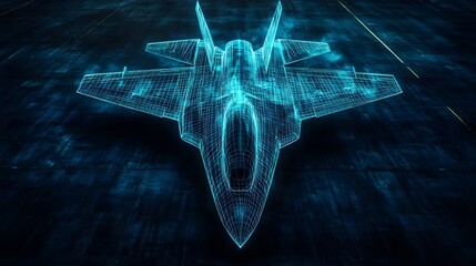 A digital wireframe hologram of a fighter jet on a dark tarmac, glowing blue with detailed lines, showcasing modern aerospace design