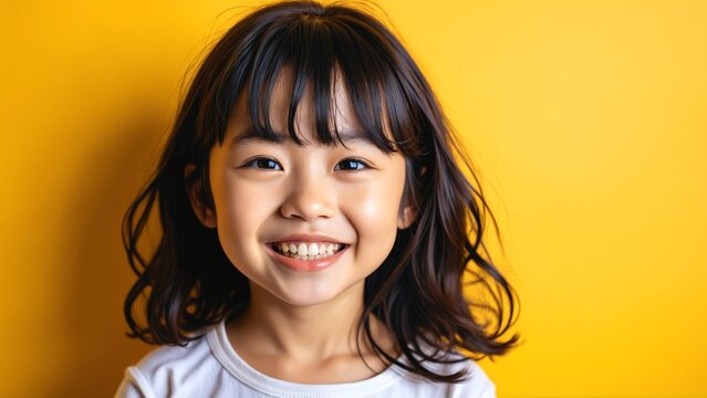 Portrait of adorable Asian girl smiling brightly against a yellow background, joyful youth concept