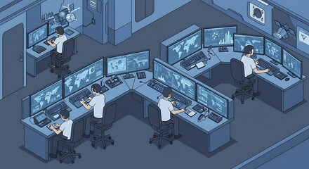 People Working in Monitoring Control Room with Multiple Screens