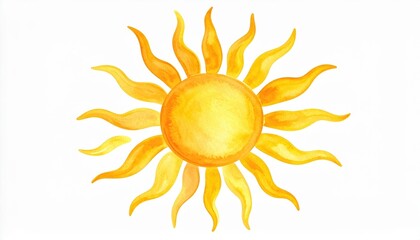 Vibrant Watercolor Sun Illustration Perfect for Summer Designs Bright Yellow Sun with Rays Isolated on White Background