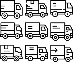 Simple Line Art Illustration of Various Delivery Trucks