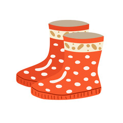 Cute cozy hand-drawn red rubber boots with playful polka dots
