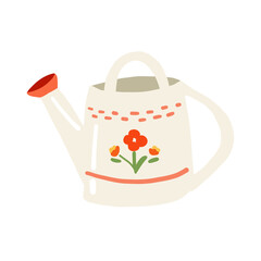 Cute cozy hand-drawn beige watering can with red flower decoration