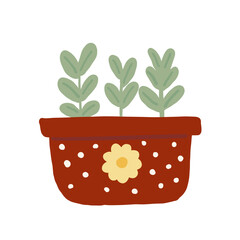 Cute hand-drawn brown flowerpot with green plants