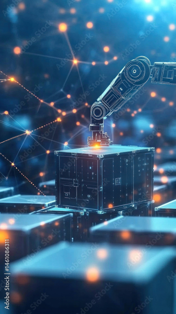 Poster a robot is working on a cube in a city. the robot is surrounded by many other cubes, creating a futu