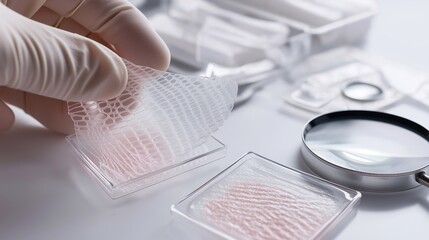 Synthetic skin sample for transplantation held by gloved hand in lab. Innovative biomedical research and tissue engineering for regenerative medicine and human skin graft technology.