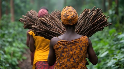 Women carrying firewood in a dense forest