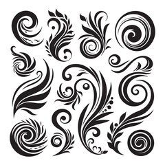 Decorative swirl and spiral vector silhouette set, perfect swirl for graphic design. Elegant shapes add a stylish touch to invitations, logos, tattoos, and art projects
