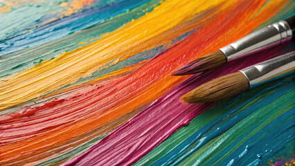 Fototapeta premium Colorful brushstrokes of vibrant paint with two paintbrushes on textured surface, showcasing creativity and artistic expression
