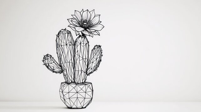Minimalist Wireframe Cactus in Pot, White Background, Home Decor